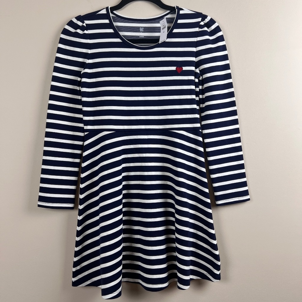 Gap Valentine’s Navy White Stripe Red Heart Girls Long Sleeve Dress Large